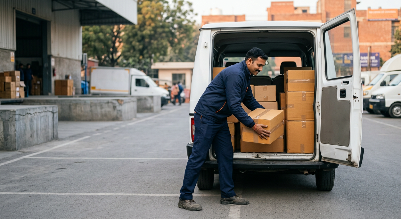 Courier in a navy uniform loading packed parcels into a white delivery van
