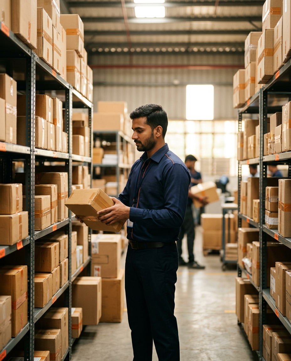 Courier in a navy uniform holding a parcel in a warehouse stacked with shipping boxes